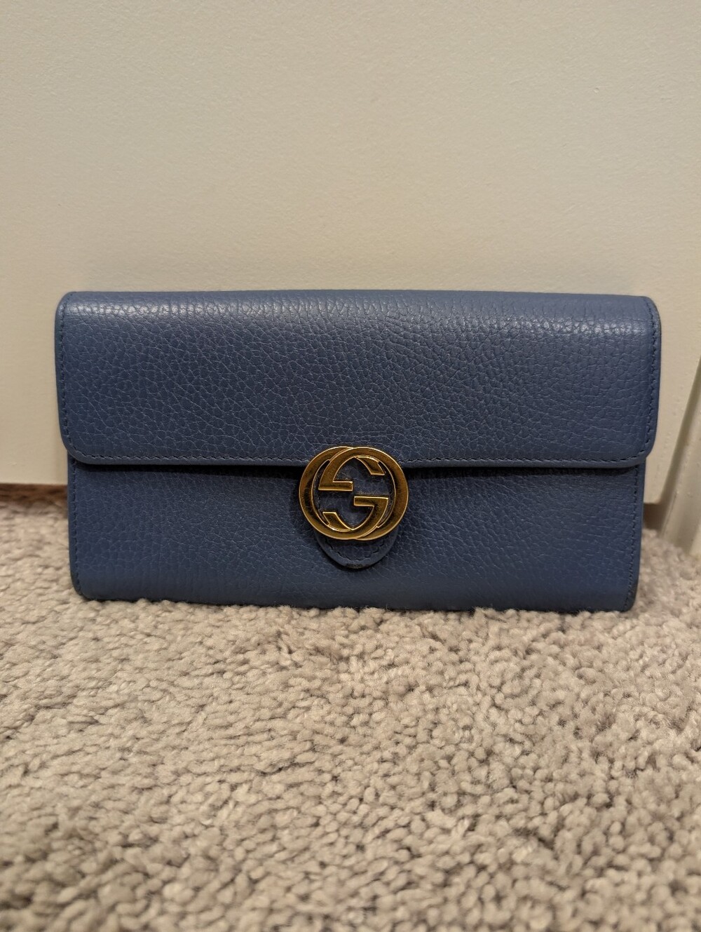 Gucci Interlocking G Continental Flap Wallet Grained Blue Leather